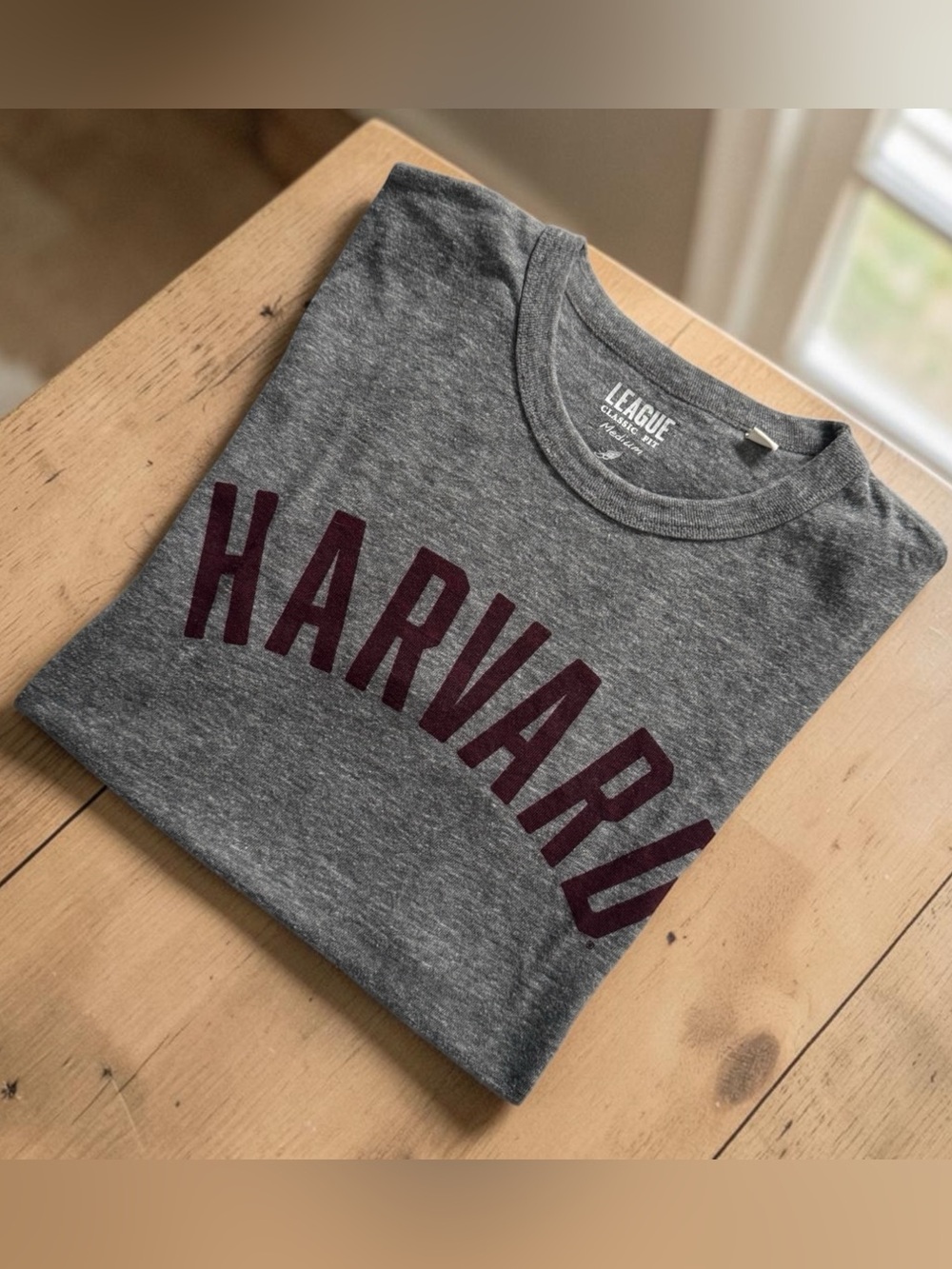 Harvard University Crimson Vtg Style League Collegiate Wear Gray Logo Shirt L